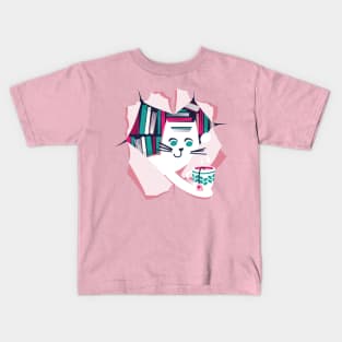 Bookish cat // white cat with tea mug teal white fuchsia and pastel pink books Kids T-Shirt